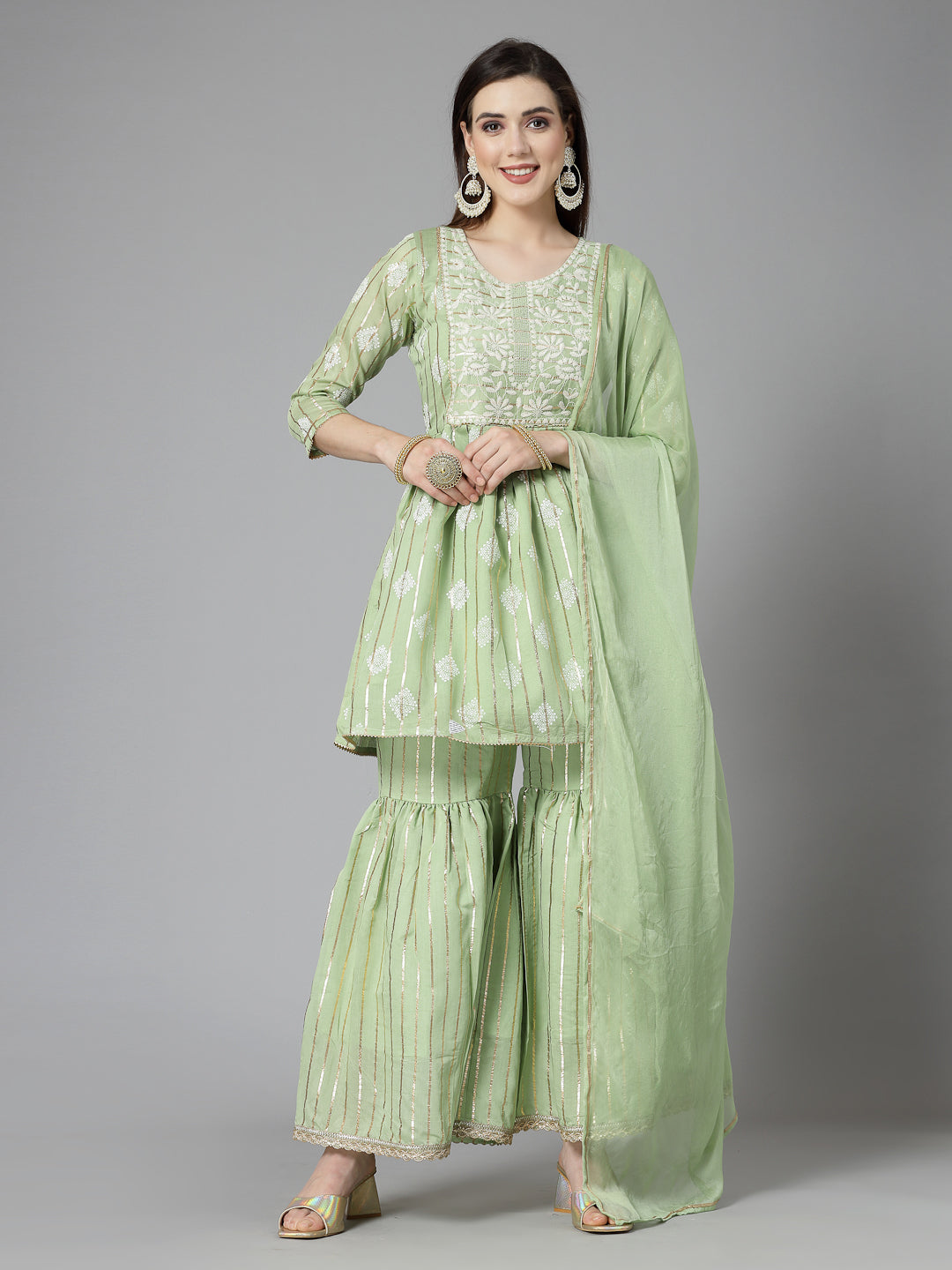 Printed &amp; Embroidered Chanderi Cotton Kurta Sharara Dupatta Set