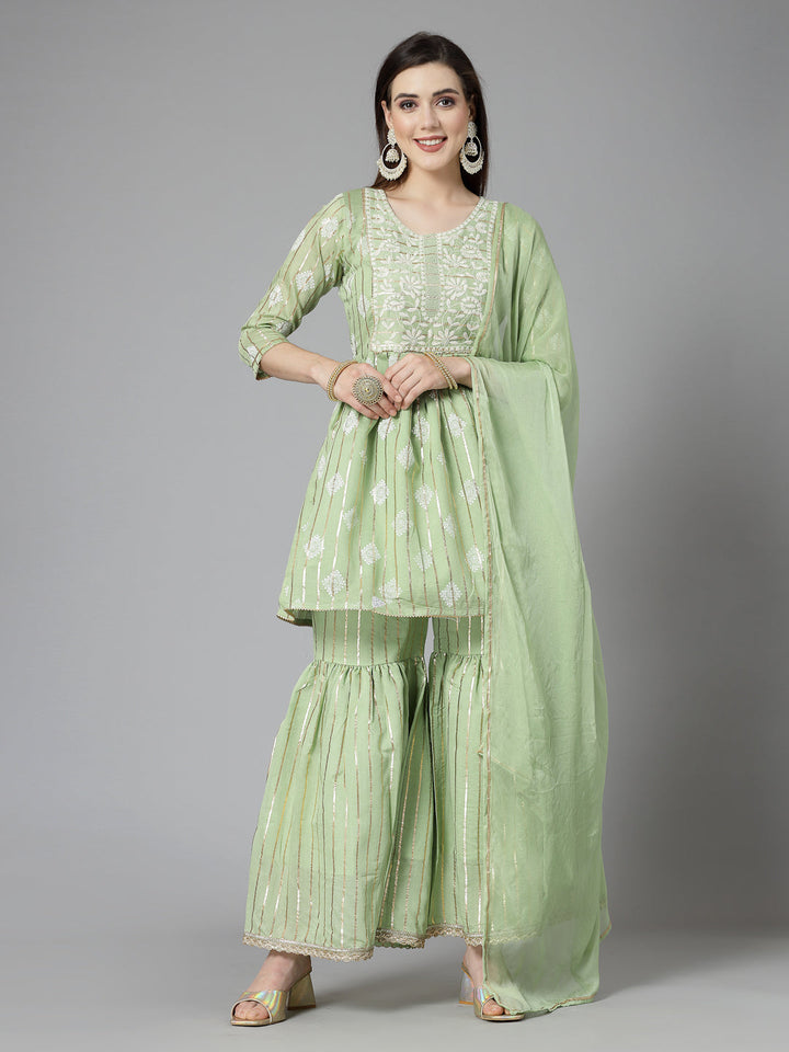 Printed &amp; Embroidered Chanderi Cotton Kurta Sharara Dupatta Set