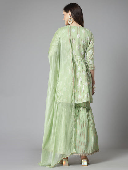 Printed & Embroidered Chanderi Cotton Kurta Sharara Dupatta Set