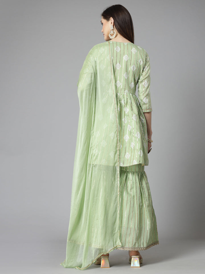 Printed &amp; Embroidered Chanderi Cotton Kurta Sharara Dupatta Set