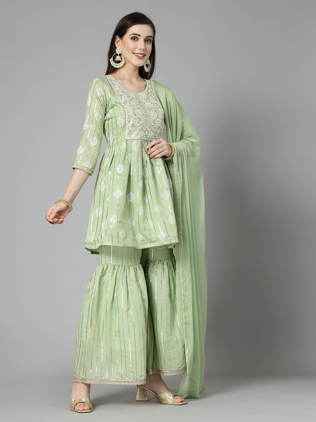 Printed &amp; Embroidered Chanderi Cotton Kurta Sharara Dupatta Set