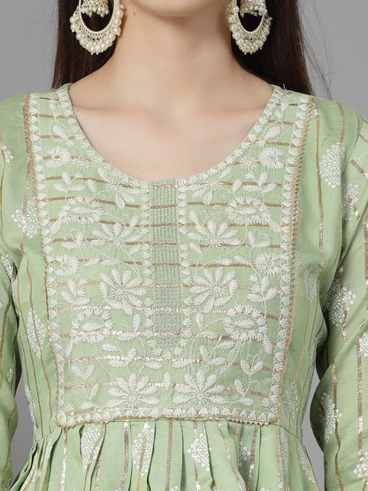 Printed & Embroidered Chanderi Cotton Kurta Sharara Dupatta Set