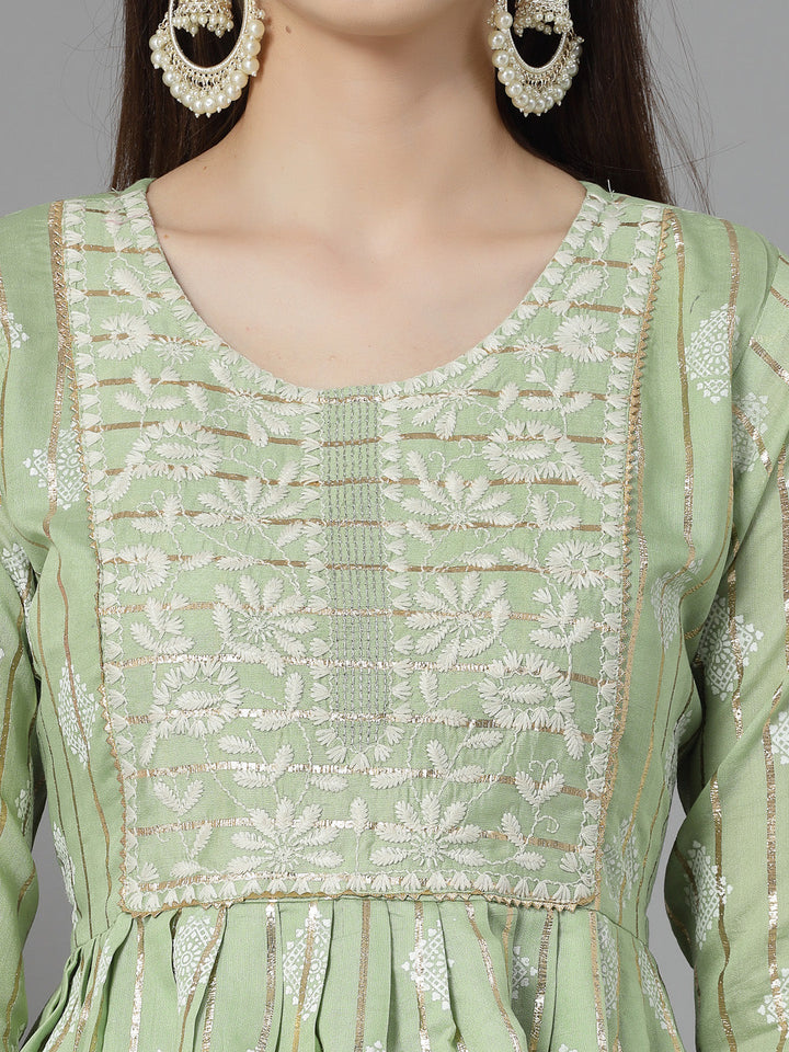 Printed &amp; Embroidered Chanderi Cotton Kurta Sharara Dupatta Set