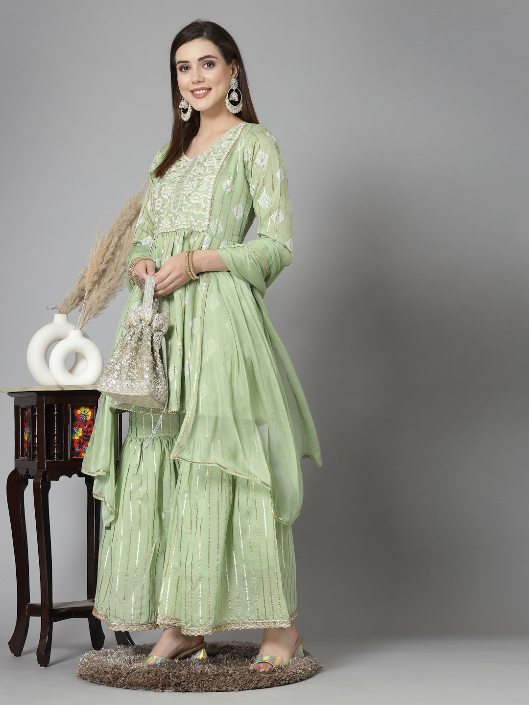 Printed &amp; Embroidered Chanderi Cotton Kurta Sharara Dupatta Set