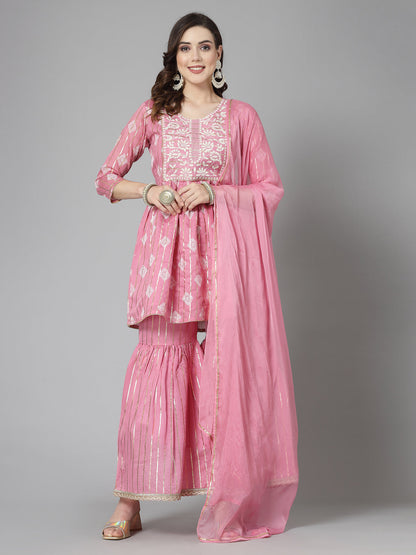 Printed & Embroidered Chanderi Cotton Kurta Sharara Dupatta Set