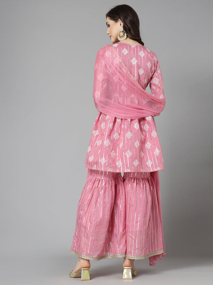 Printed &amp; Embroidered Chanderi Cotton Kurta Sharara Dupatta Set