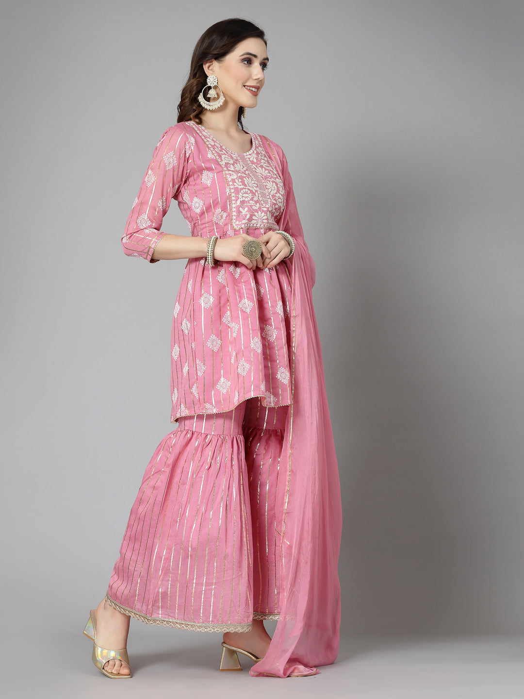 Printed &amp; Embroidered Chanderi Cotton Kurta Sharara Dupatta Set