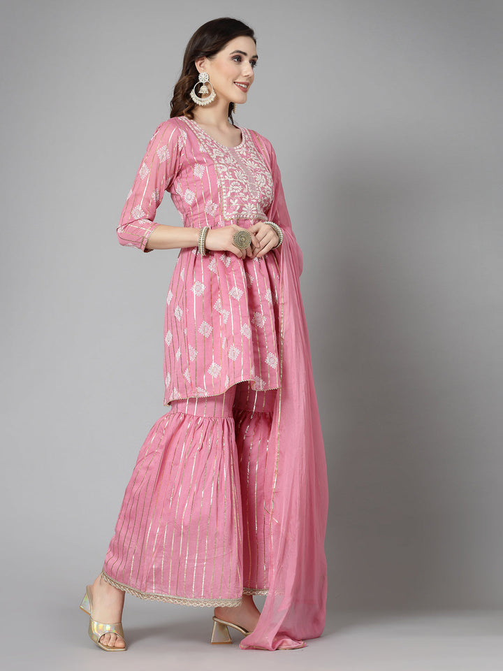 Printed &amp; Embroidered Chanderi Cotton Kurta Sharara Dupatta Set