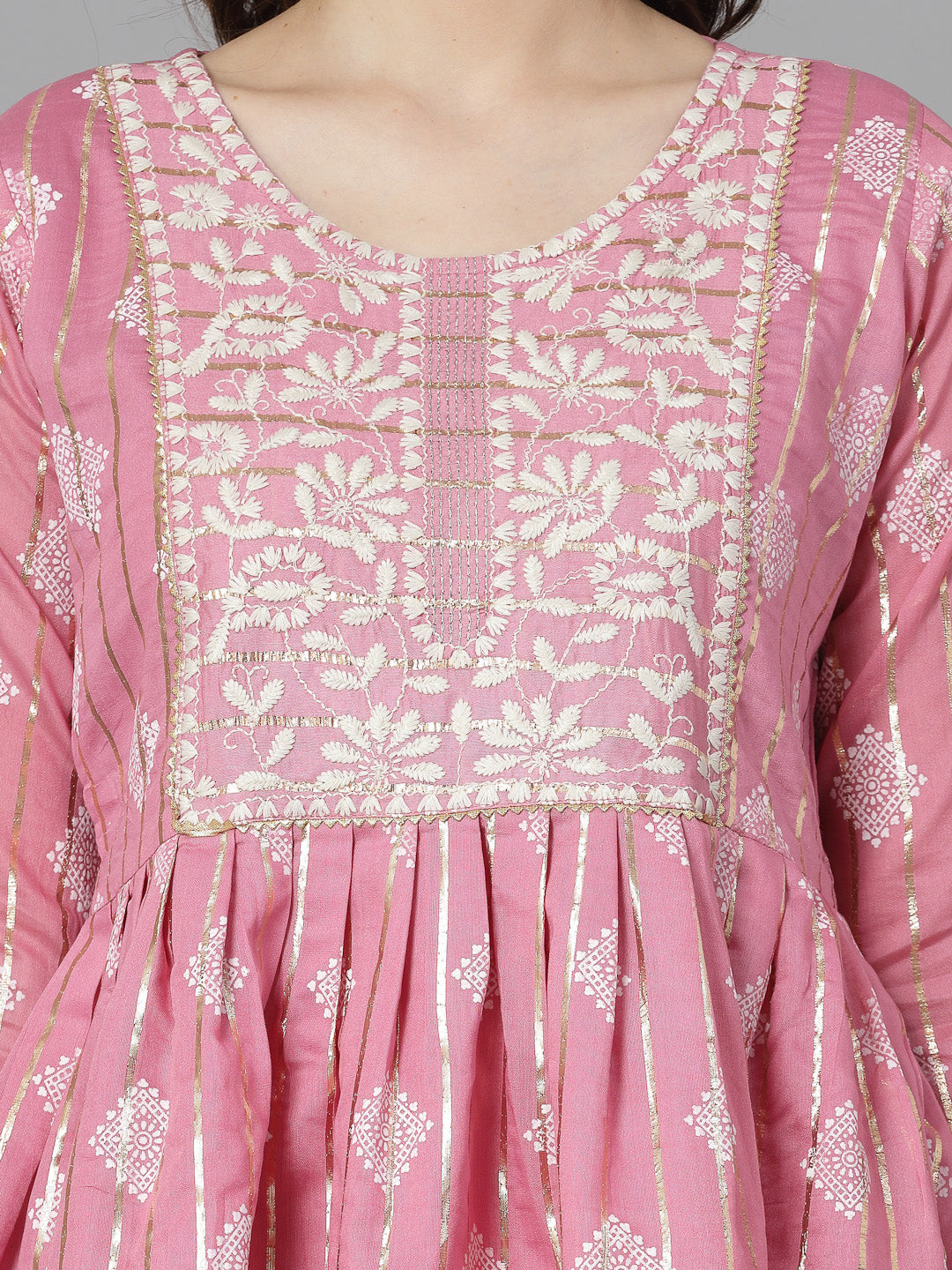 Printed &amp; Embroidered Chanderi Cotton Kurta Sharara Dupatta Set