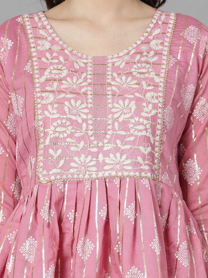 Printed & Embroidered Chanderi Cotton Kurta Sharara Dupatta Set