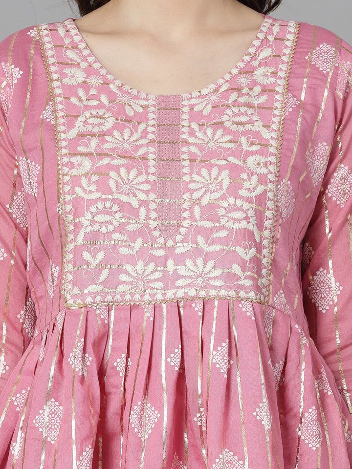 Printed &amp; Embroidered Chanderi Cotton Kurta Sharara Dupatta Set