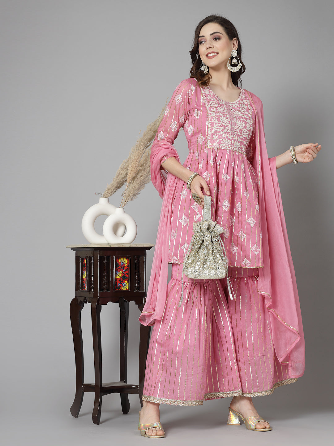 Printed &amp; Embroidered Chanderi Cotton Kurta Sharara Dupatta Set