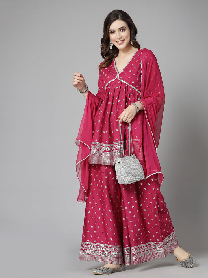Ethnic Motif Printed Naira Cut Rayon Kurta Palazzo Dupatta Set
