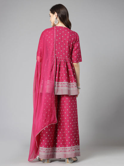 Ethnic Motif Printed Naira Cut Rayon Kurta Palazzo Dupatta Set