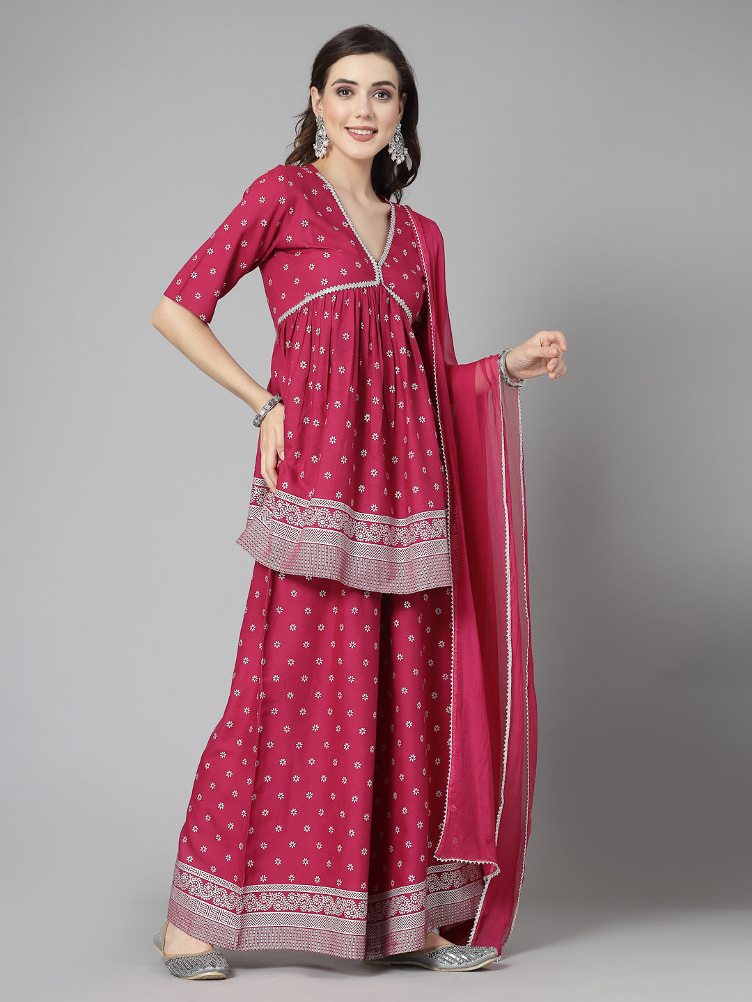 Ethnic Motif Printed Naira Cut Rayon Kurta Palazzo Dupatta Set
