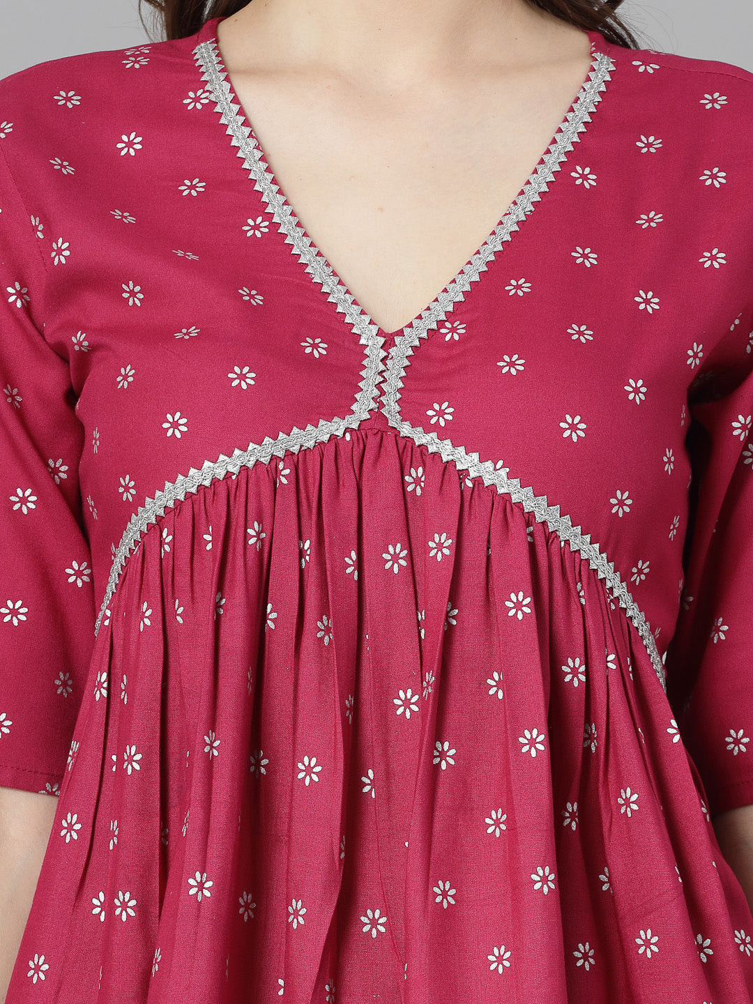 Ethnic Motif Printed Naira Cut Rayon Kurta Palazzo Dupatta Set