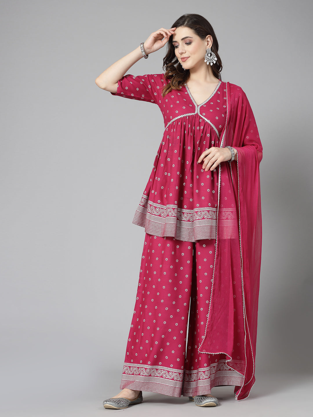 Ethnic Motif Printed Naira Cut Rayon Kurta Palazzo Dupatta Set