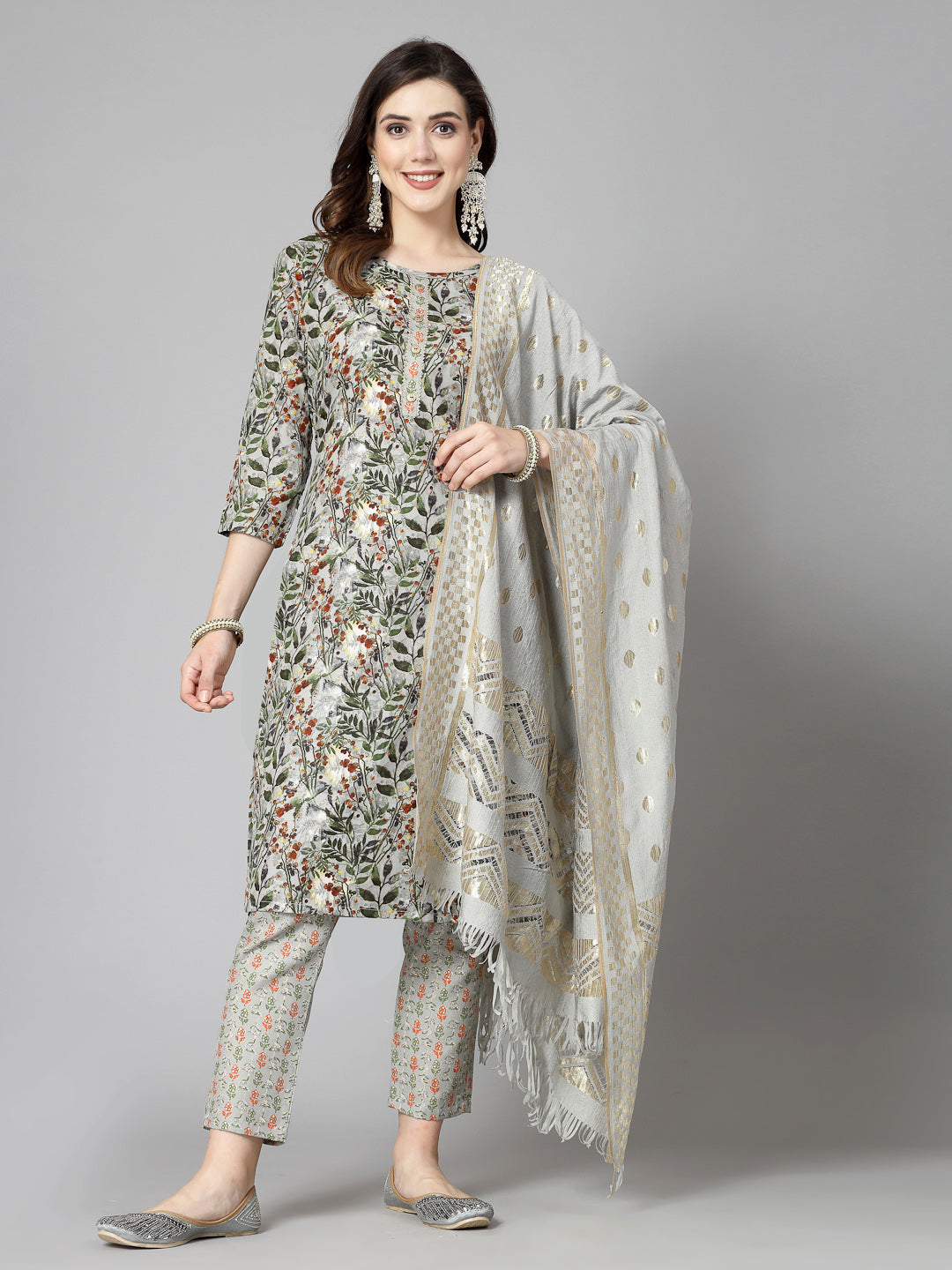 Floral Printed Cotton Blend Straight Kurta Pant Dupatta Set