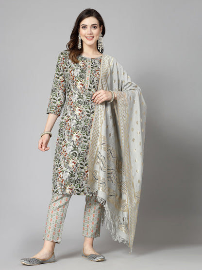Floral Printed Cotton Blend Straight Kurta Pant Dupatta Set