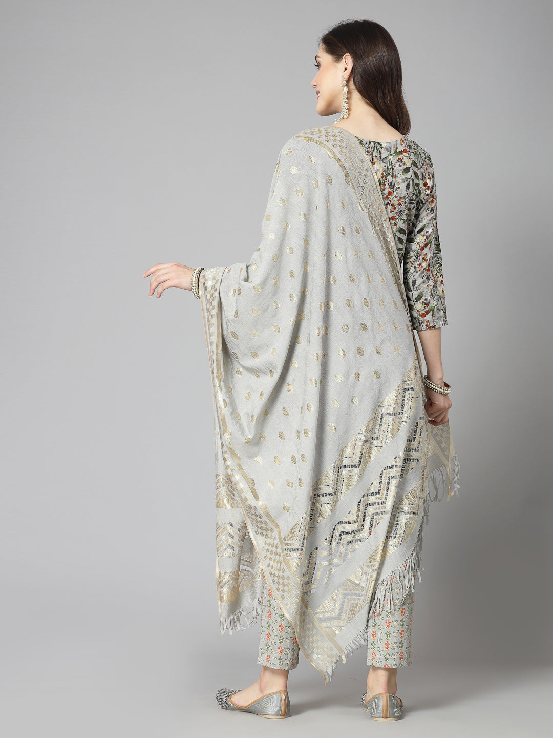Floral Printed Cotton Blend Straight Kurta Pant Dupatta Set