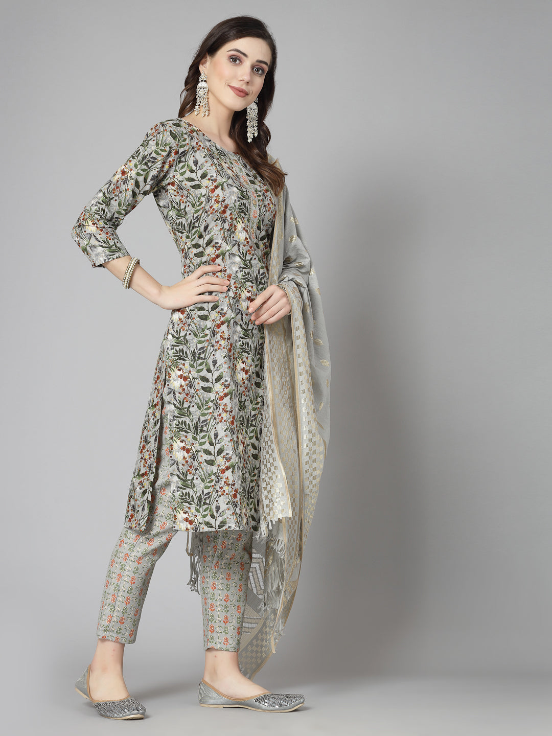 Floral Printed Cotton Blend Straight Kurta Pant Dupatta Set
