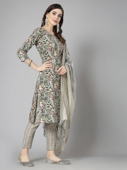 Floral Printed Cotton Blend Straight Kurta Pant Dupatta Set
