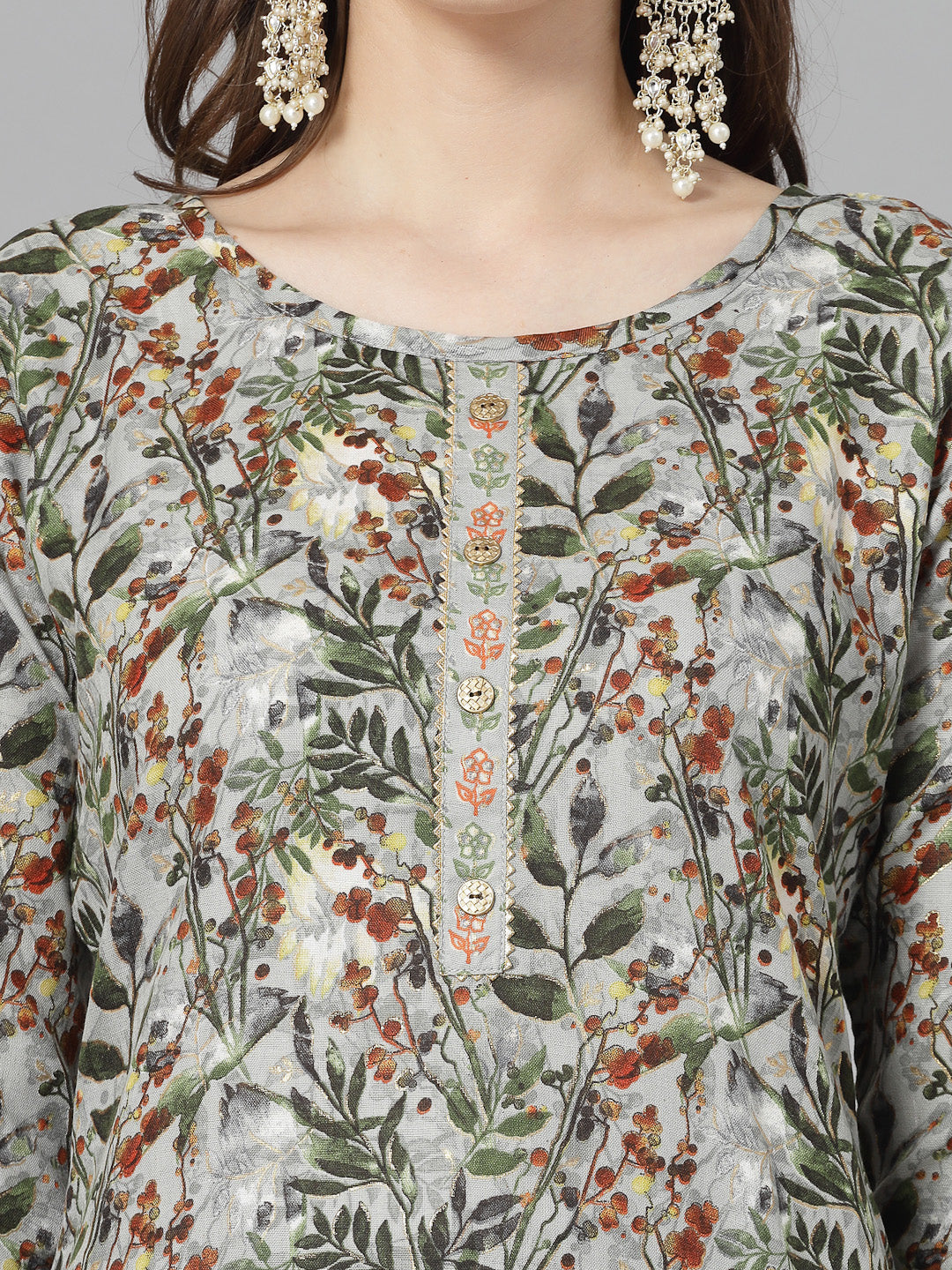 Floral Printed Cotton Blend Straight Kurta Pant Dupatta Set