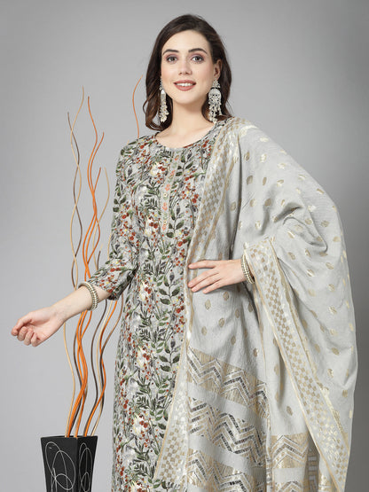 Floral Printed Cotton Blend Straight Kurta Pant Dupatta Set