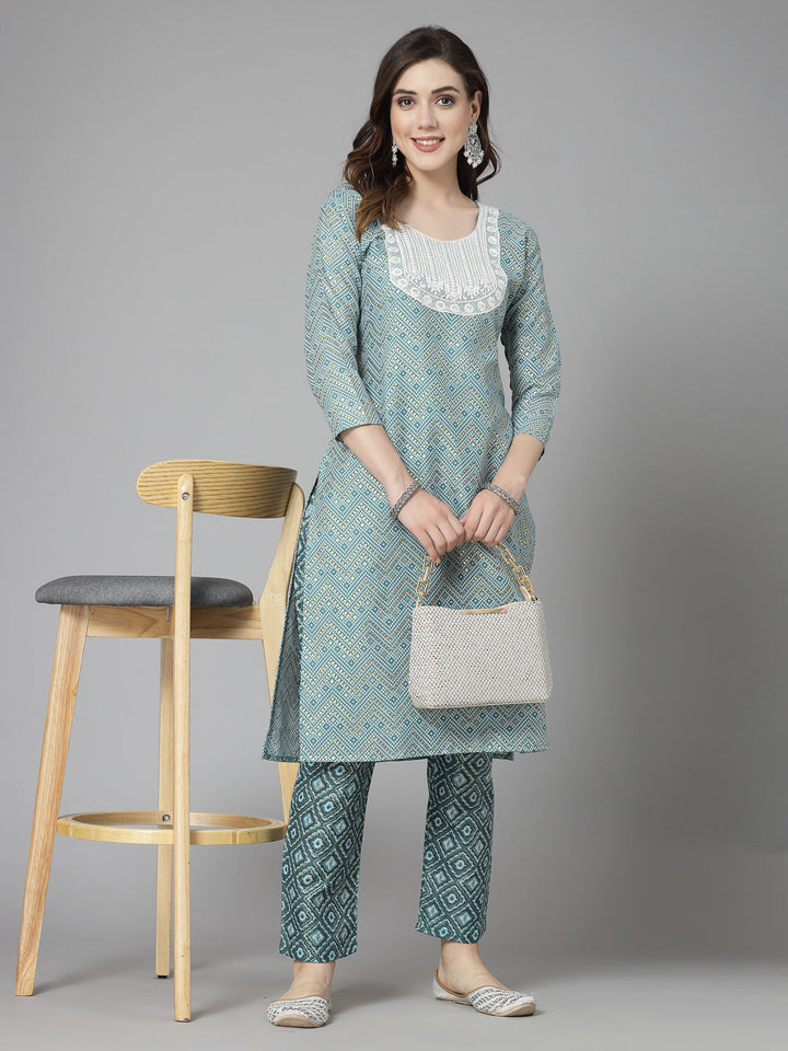 Printed &amp; Embroidered Cotton Blend Straight Kurta Pant Set