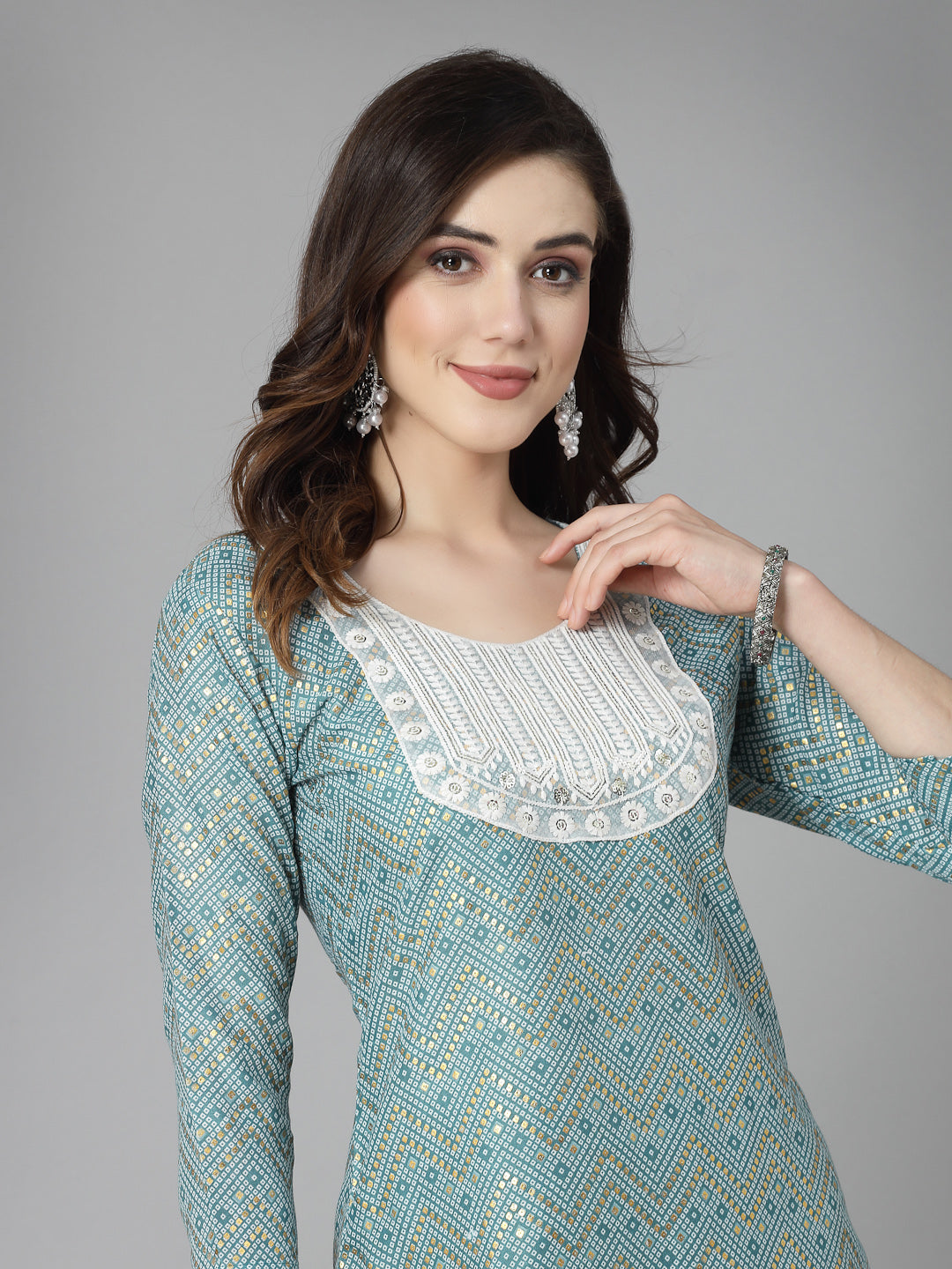 Printed &amp; Embroidered Cotton Blend Straight Kurta Pant Set