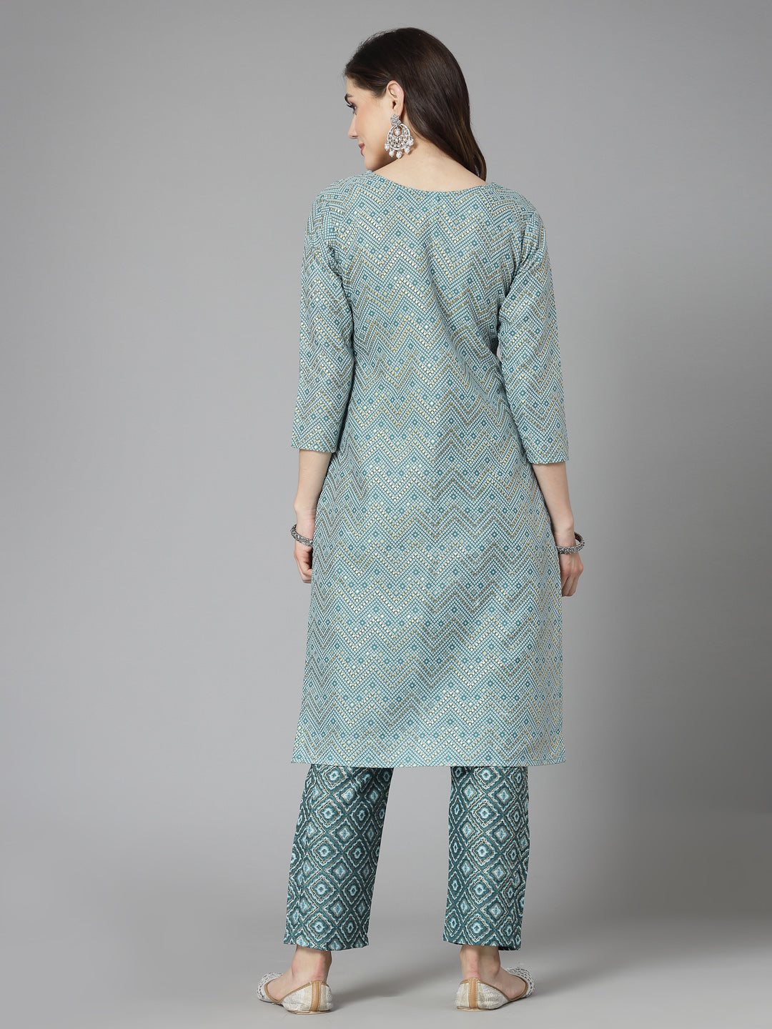 Printed &amp; Embroidered Cotton Blend Straight Kurta Pant Set