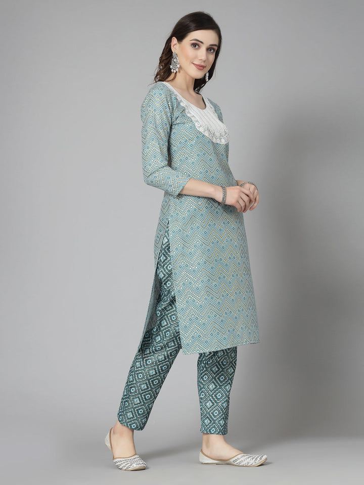Printed &amp; Embroidered Cotton Blend Straight Kurta Pant Set