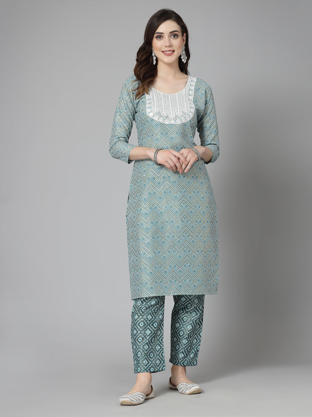 Printed &amp; Embroidered Cotton Blend Straight Kurta Pant Set