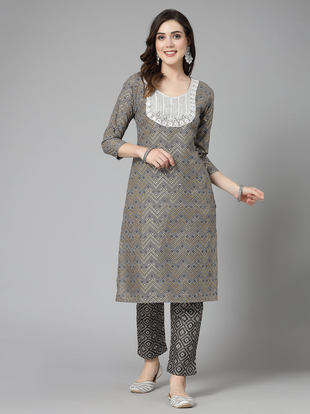 Printed &amp; Embroidered Cotton Blend Straight Kurta Pant Set