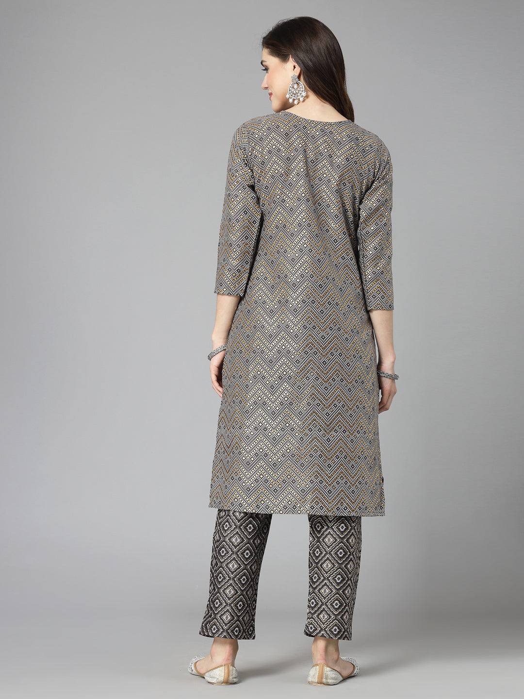 Printed &amp; Embroidered Cotton Blend Straight Kurta Pant Set
