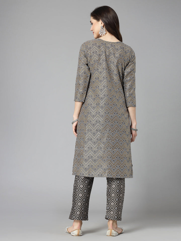 Printed &amp; Embroidered Cotton Blend Straight Kurta Pant Set