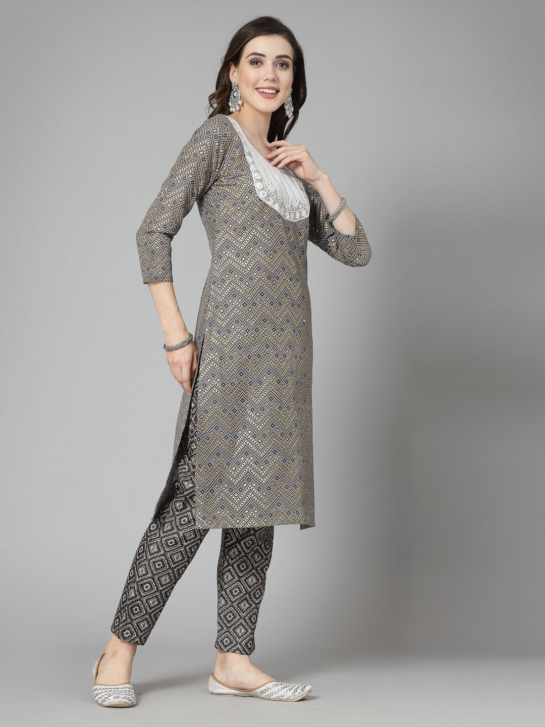 Printed &amp; Embroidered Cotton Blend Straight Kurta Pant Set