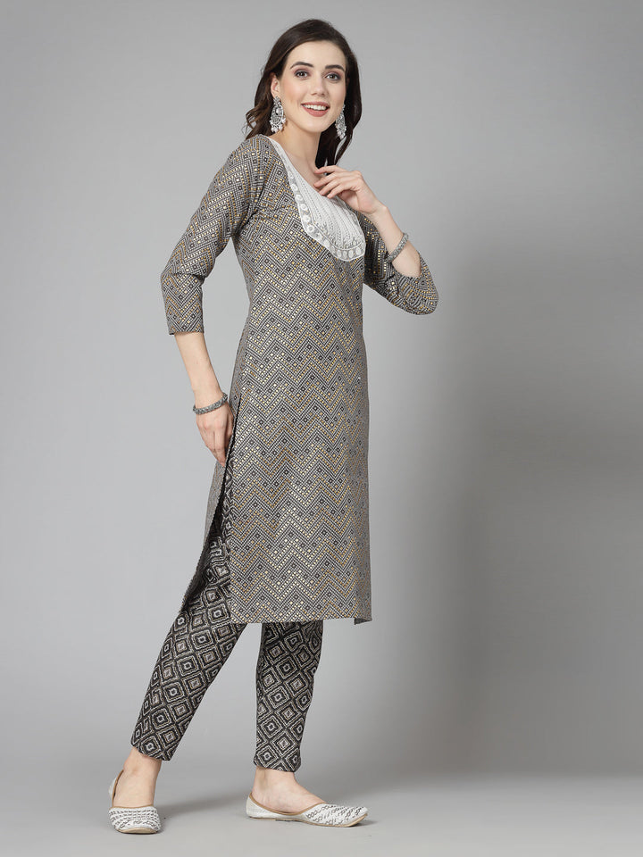 Printed &amp; Embroidered Cotton Blend Straight Kurta Pant Set
