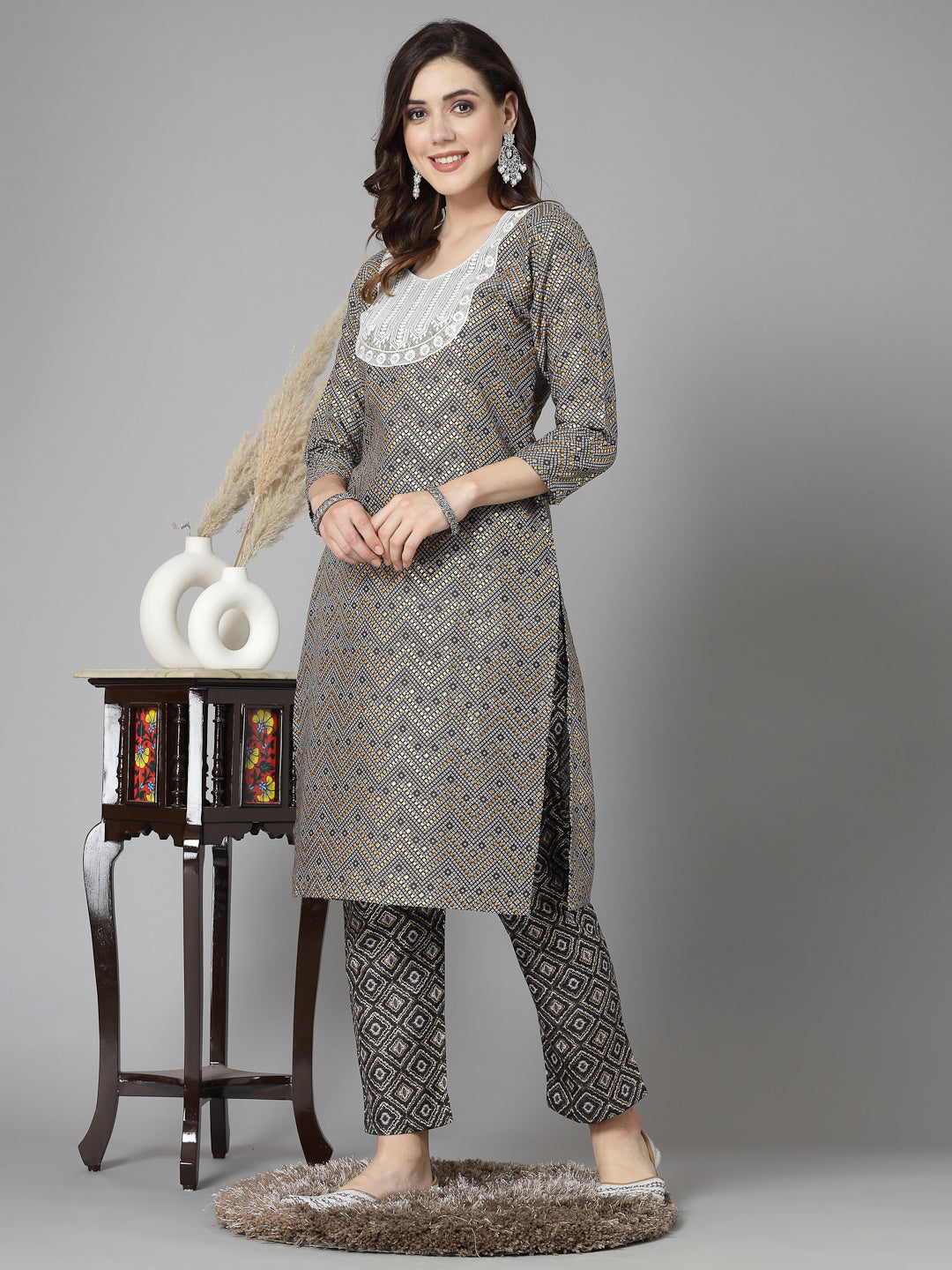 Printed &amp; Embroidered Cotton Blend Straight Kurta Pant Set