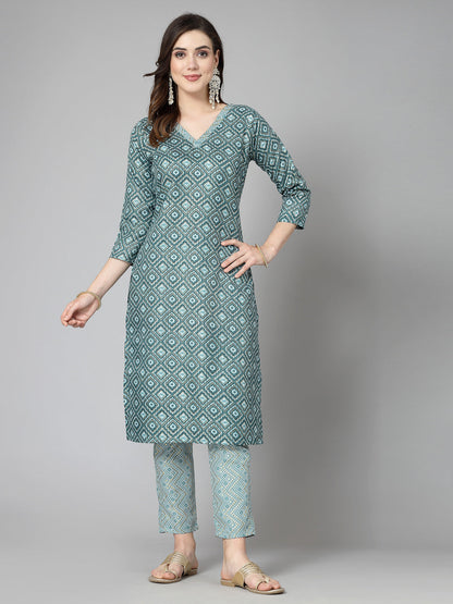 Printed Cotton Blend Straight Kurta Pant Set