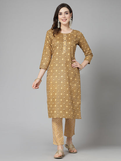 Printed Cotton Blend Straight Kurta Pant Set