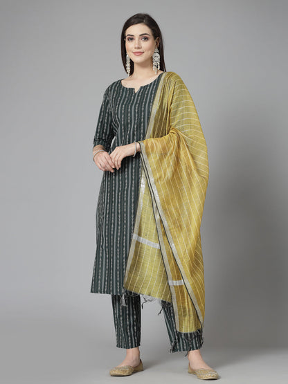 Woven Design Cotton Blend Straight Kurta Pant Dupatta Set