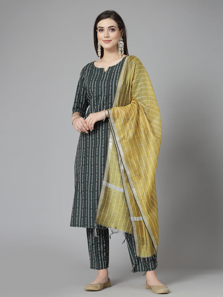 Woven Design Cotton Blend Straight Kurta Pant Dupatta Set