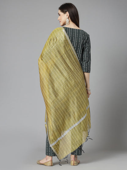 Woven Design Cotton Blend Straight Kurta Pant Dupatta Set