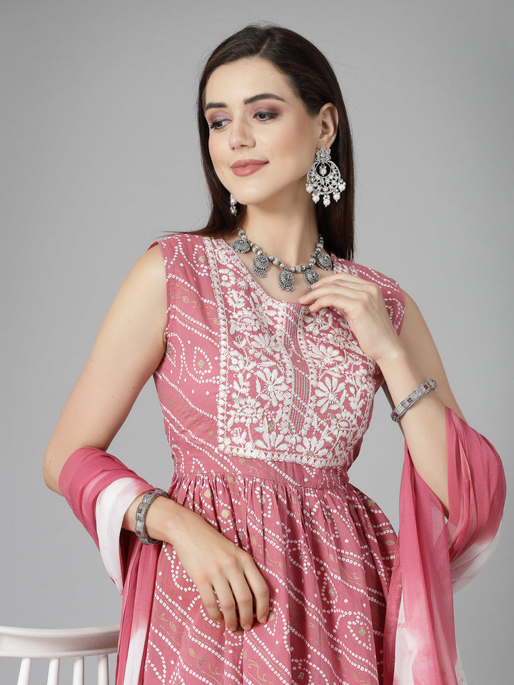 Bandhej Printed &amp; Embroidered Cotton Kurta Sharara Dupatta Set