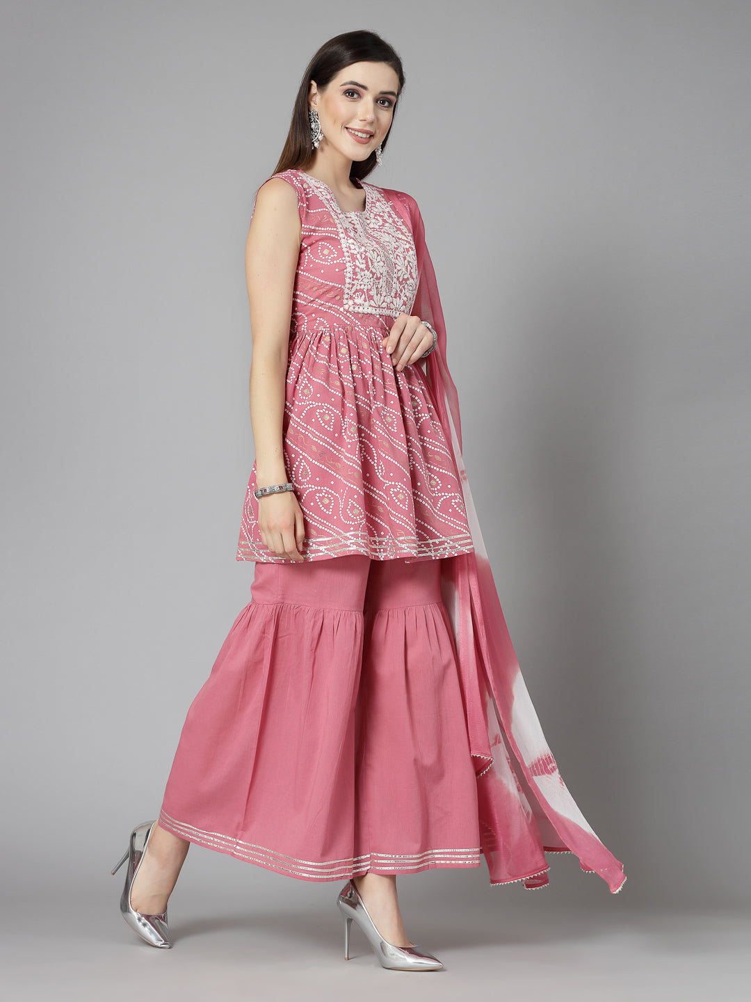 Bandhej Printed &amp; Embroidered Cotton Kurta Sharara Dupatta Set