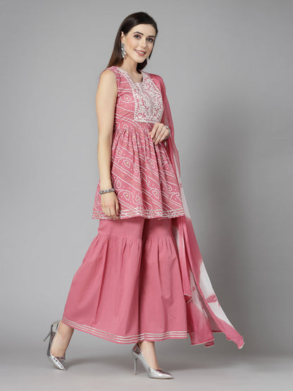 Bandhej Printed & Embroidered Cotton Kurta Sharara Dupatta Set