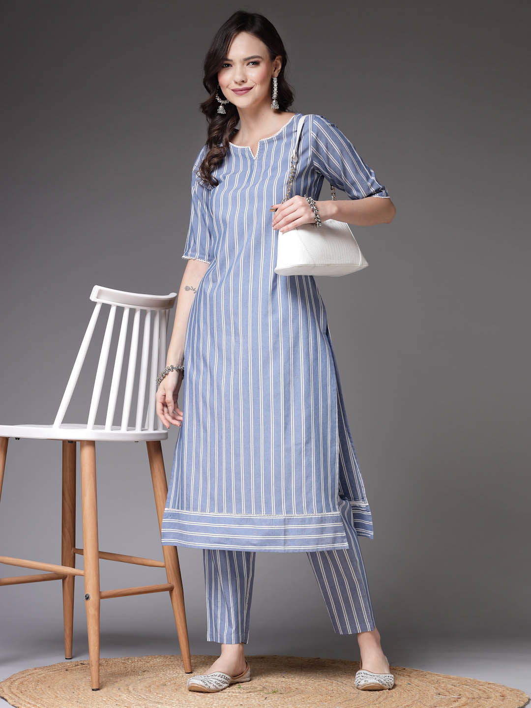 Woven Striped Cotton Blend Straight Kurta Pant Set
