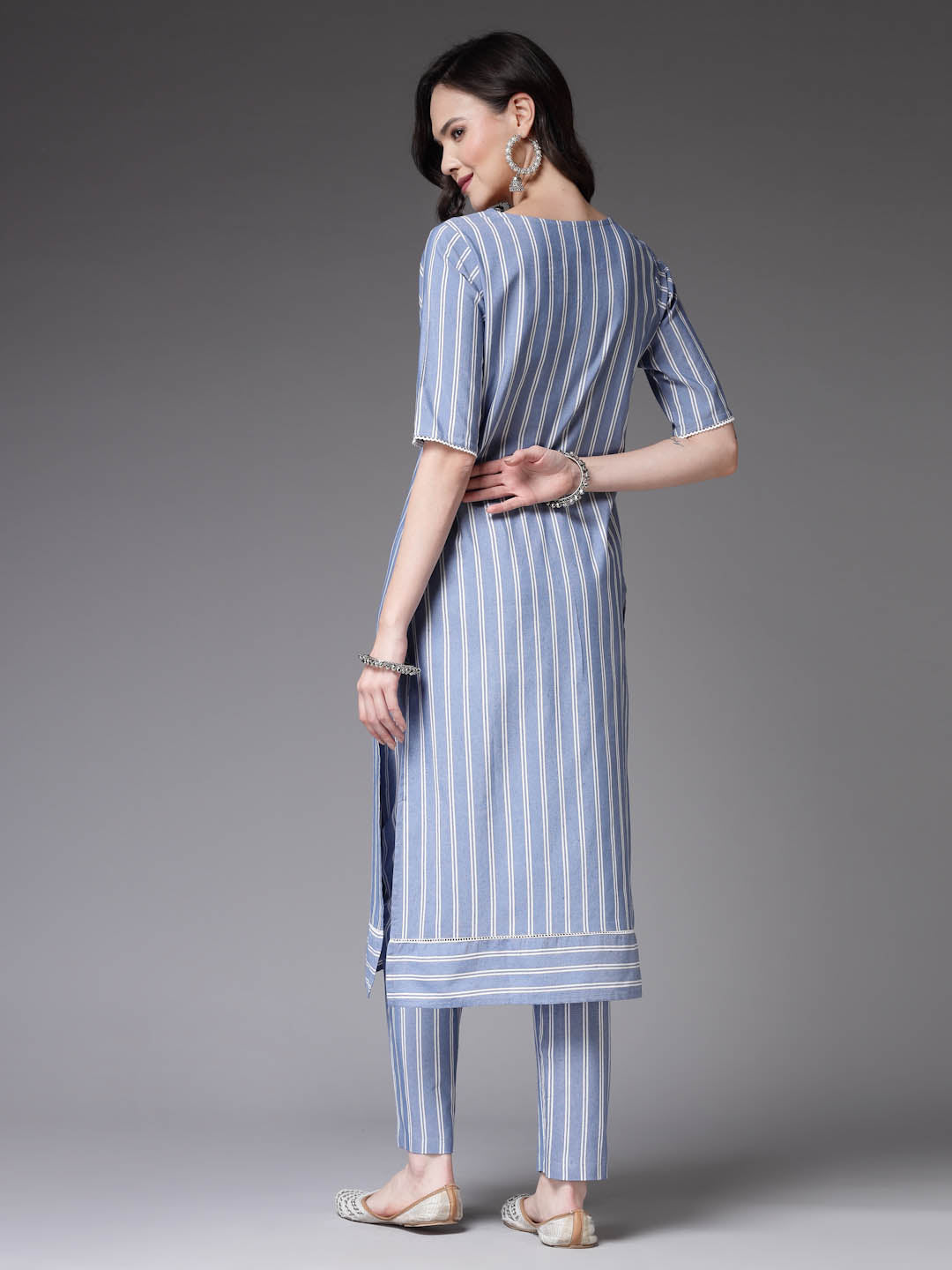 Woven Striped Cotton Blend Straight Kurta Pant Set