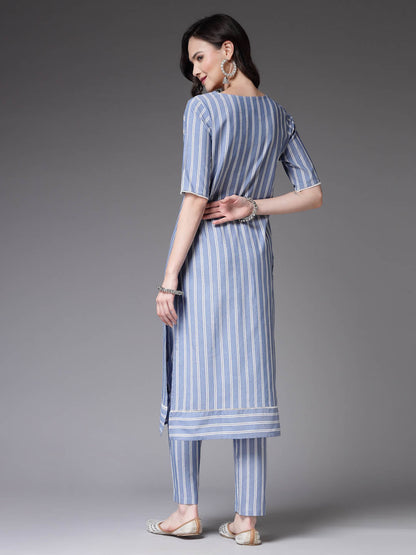 Woven Striped Cotton Blend Straight Kurta Pant Set